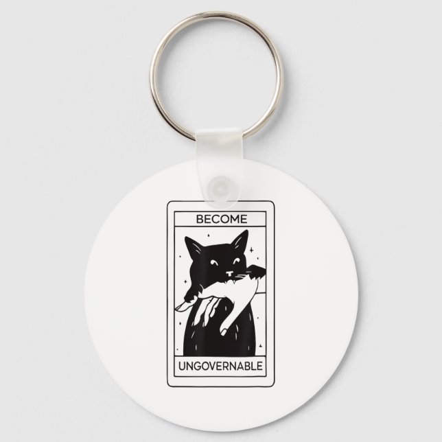 Retro Become Ungovernable Black Cat Biting Hand Fu Key Ring (Front)