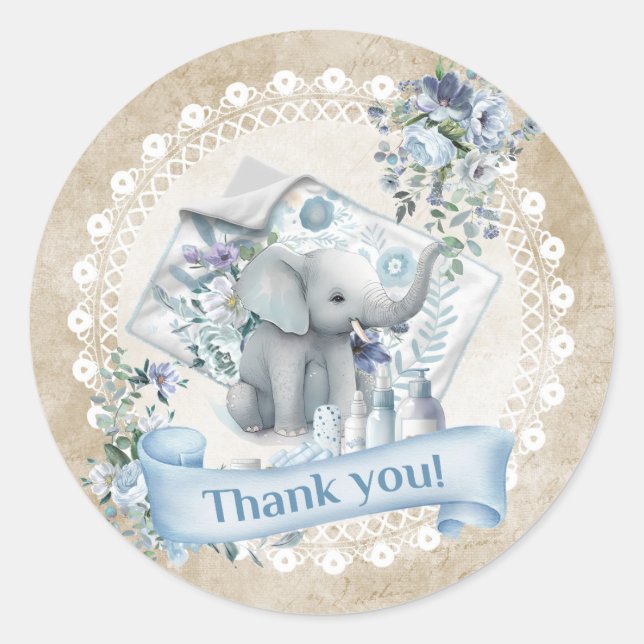 Retro beige and blue boy elephant baby shower classic round sticker (Front)