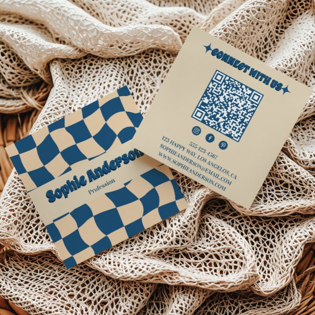 Retro Beige & Blue Wavy Checkerboard with QR Code  Square Business Card (Creator Uploaded)
