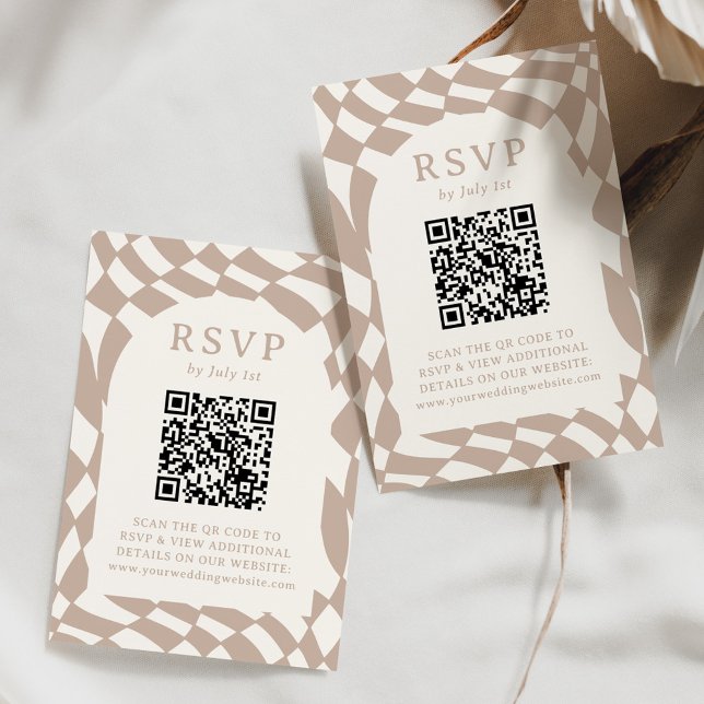 Retro Beige Chequerboard QR Code Wedding RSVP Card (Creator Uploaded)