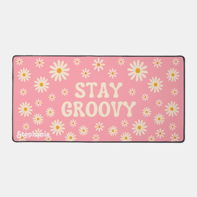Retro Beige Daisies Stay Groovy Pink Script Name Desk Mat (Front)