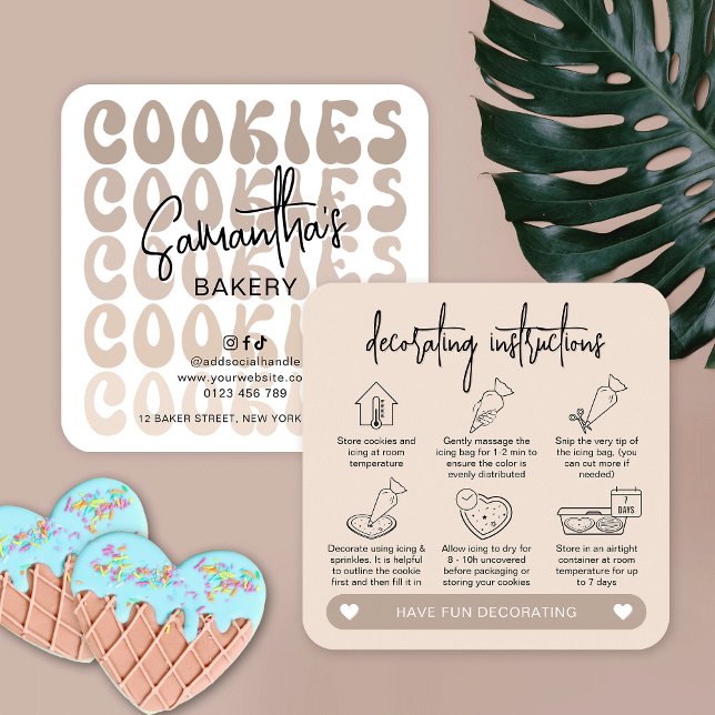 Retro Beige DIY Cookie Decorating Instructions Square Business Card (DIY cookie kit instructions cards in a trendy beige design featuring retro fonts and care icons)