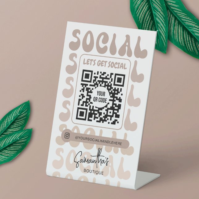 Retro Beige Modern Logo Social Media QR Code Pedestal Sign (Creator Uploaded)