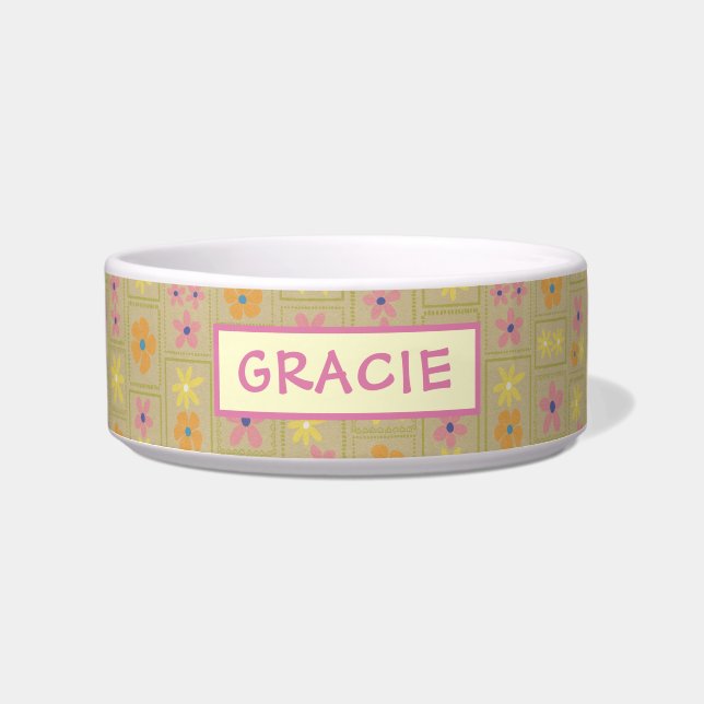 Retro Beige Patchwork Floral Custom Medium Dog Bowl (Front)