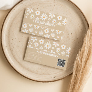 Retro Beige QR Code Groovy Floral Boho Unique Business Card