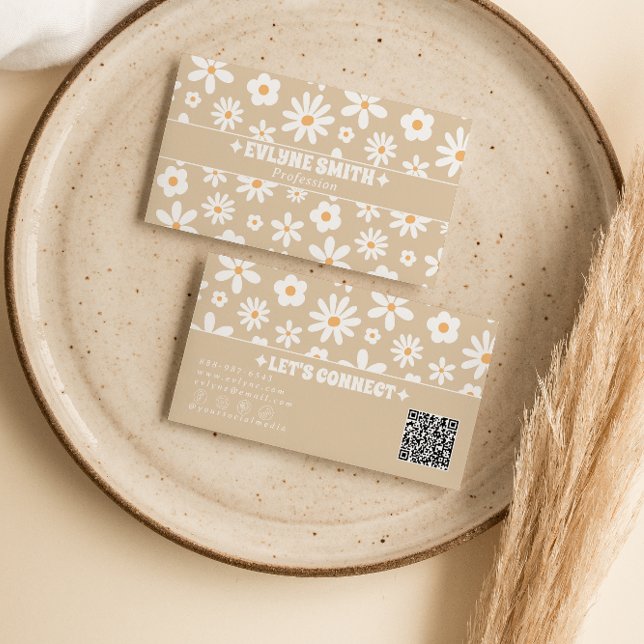 Retro Beige QR Code Groovy Floral Boho Unique Business Card (Creator Uploaded)