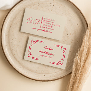 Retro Beige Red Handwritten Drawn Unique Girly Business Card