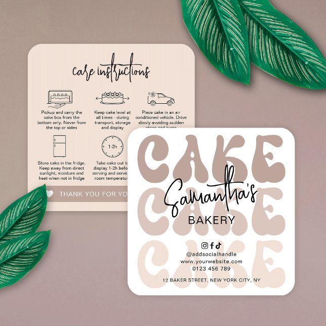 Retro Beige Trendy Bakery Cake Care Instructions Square Business Card (Trendy cake care card design in beige and white with cake care icons and retro fonts)