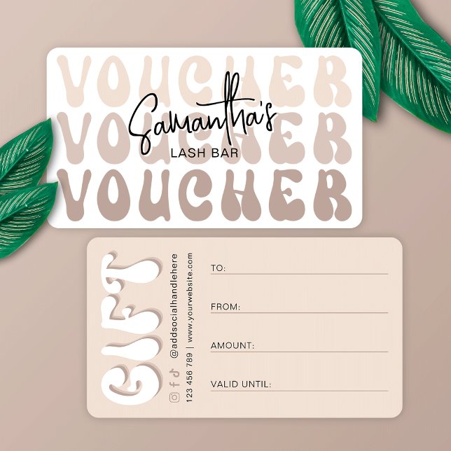 Retro Beige Trendy Beauty Salon or Spa Gift Card (Make custom gift cards for clients with this trendy voucher in beige featuring groovy retro fonts)
