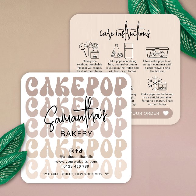 Retro Beige Trendy Cake Pops Care Card (Trendy beige cake pops storage instructions guide cards featuring retro fonts and modern layout)