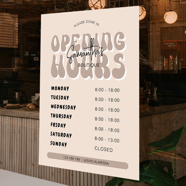 Retro Beige Trendy Spa Salon Shop Opening Times (Modern business opening times sign in neutral beige and white colors, featuring retro fonts)