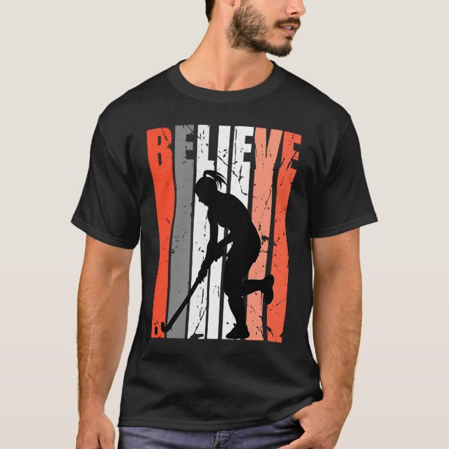 Retro Believe Hockey Team Field Hockey Orange Colo T-Shirt (Front)