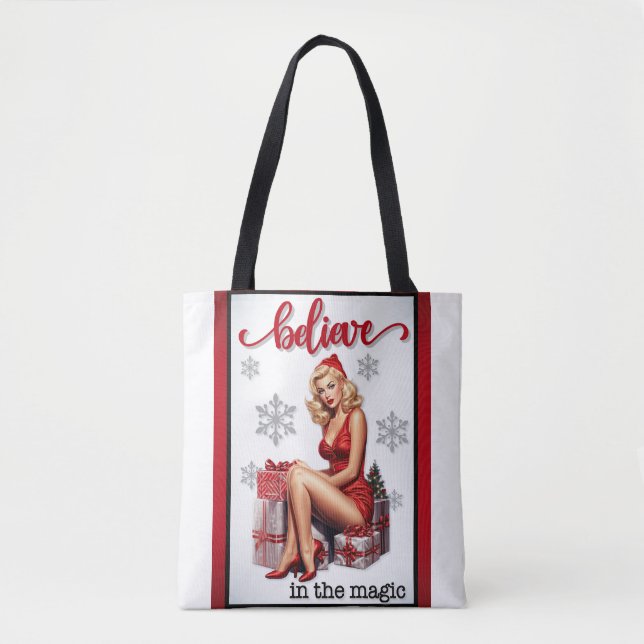Retro Believe in Magic Christmas Pinup Tote Bag (Front)