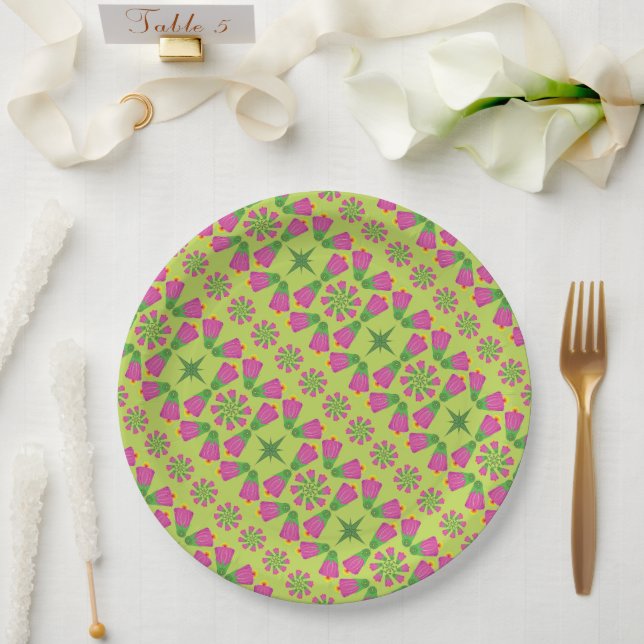 Retro Bell Flower Mandalas Green 9" Paper Plates (Wedding)