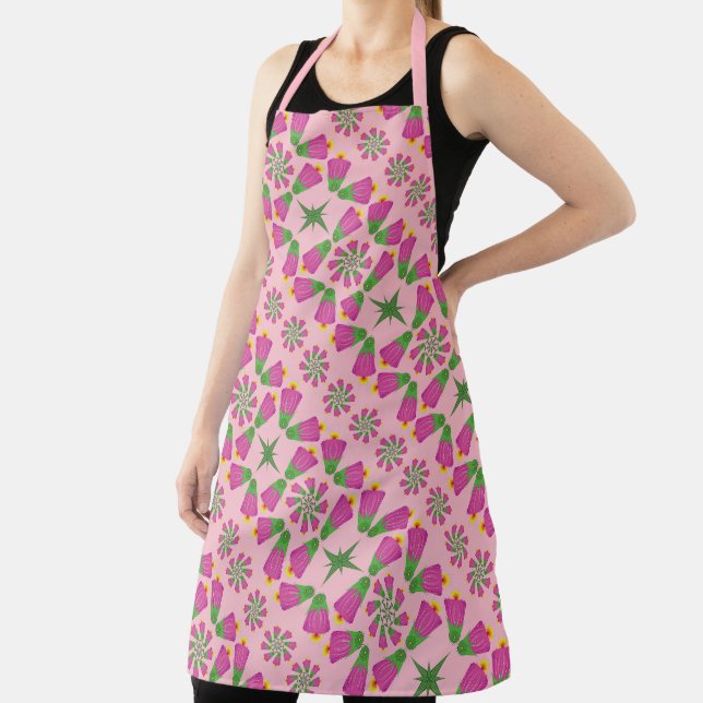 Retro Bell Flower Mandalas Pink Large Apron (Insitu)