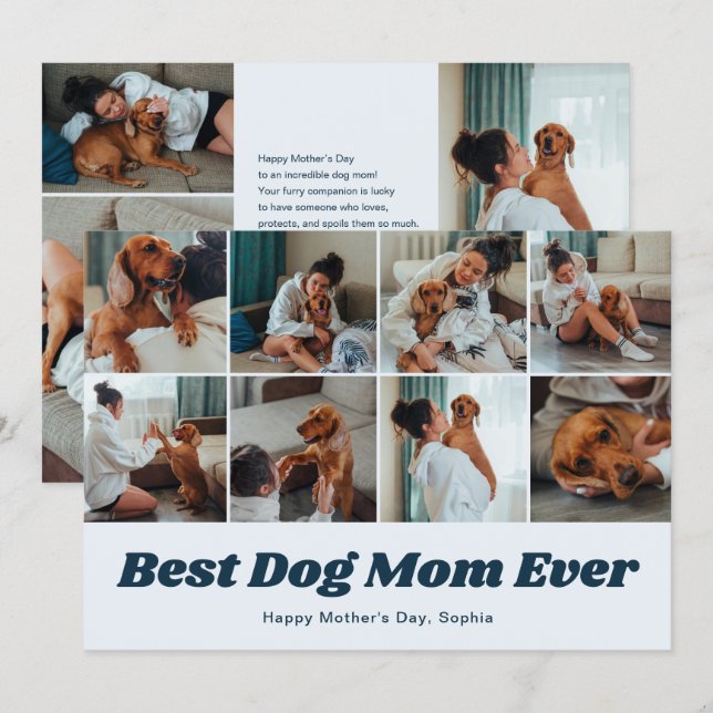 Retro Best Dog Mom 12 Photo Collage Blue Holiday Card (Front/Back)
