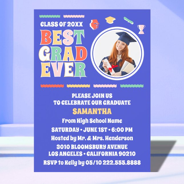 Retro Best Grad Ever Photo Blue Graduation Party Invitation (Creator Uploaded)