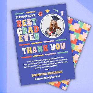 Retro Best Grad Ever Photo Blue Graduation Thank You Card