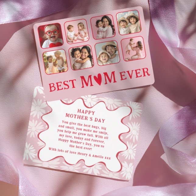 Retro Best Mom Ever Red & Pink Photo  Holiday Card (Creator Uploaded)