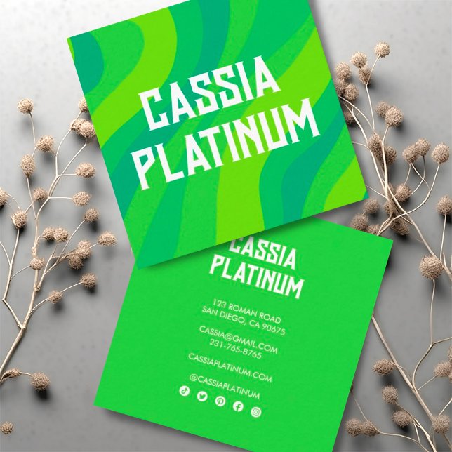 Retro Big Bold Waves Minimalist Social Icons Square Business Card (Colorful lime green wavy stripes decorate these custom business cards with social media icons)