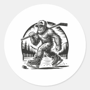 Retro Bigfoot Hockey Funny Sasquatch Bigfoot Playi Classic Round Sticker