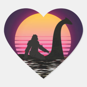 Retro Bigfoot Riding The Loch Ness Heart Sticker