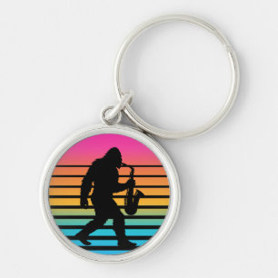 Retro Bigfoot Saxophone Sunset Key Ring