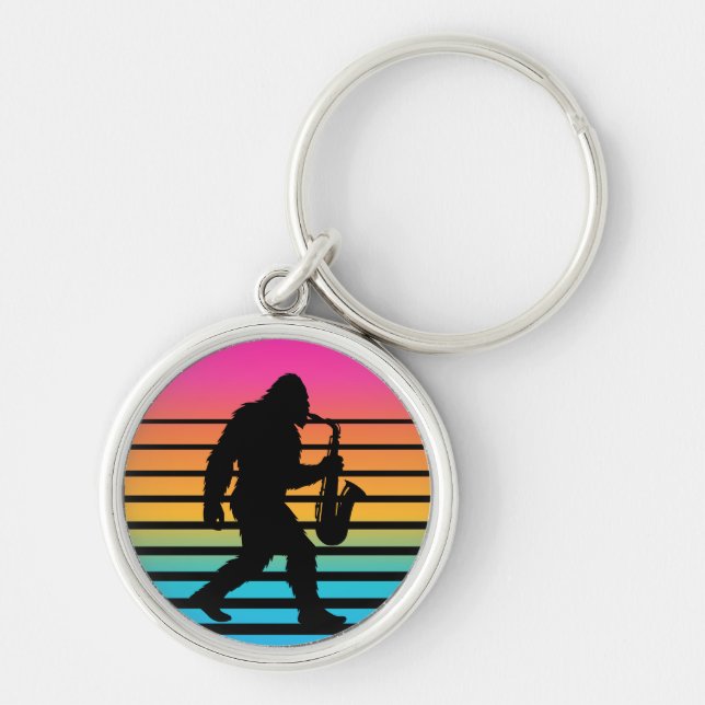 Retro Bigfoot Saxophone Sunset Key Ring (Front)