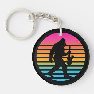 Retro Bigfoot Saxophone Sunset Key Ring