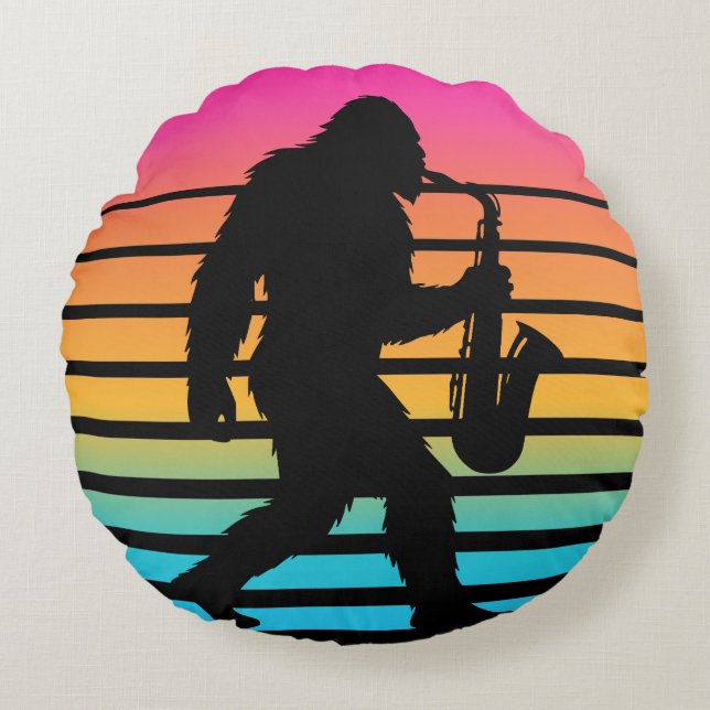 Retro Bigfoot Saxophone Sunset Round Pillow (Front)