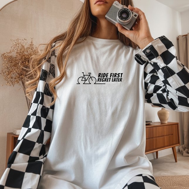 Retro bike Girl Irony black Tri-Blend Shirt (T-shirt with retro design with a vintage bike and the fun saying "Ride First, Regret Later." )