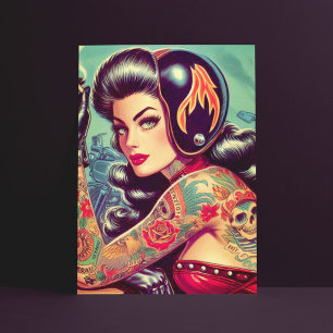 Retro Biker Girl Postcard