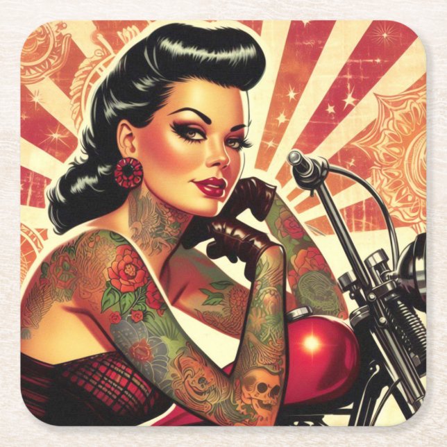 Retro Biker Pin-up Square Paper Coaster (Front)