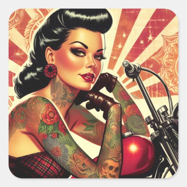 Retro Biker Pin-up Square Sticker (Front)