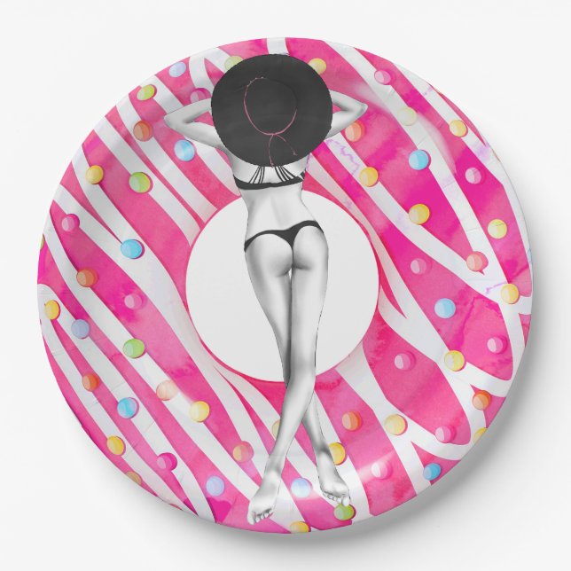Retro Bikini Girl Birthday Pool Party Paper Plate (Front)