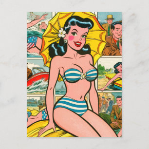 Retro Bikini Girl Summer Comics Postcard