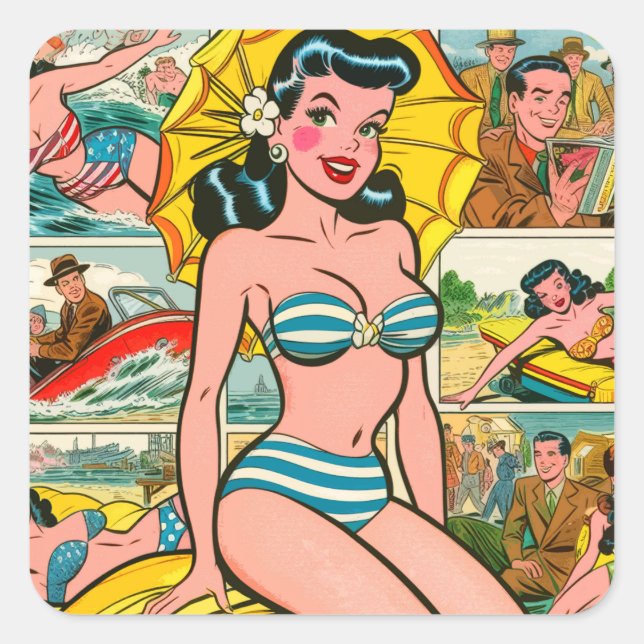 Retro Bikini Girl Summer Comics Square Sticker (Front)