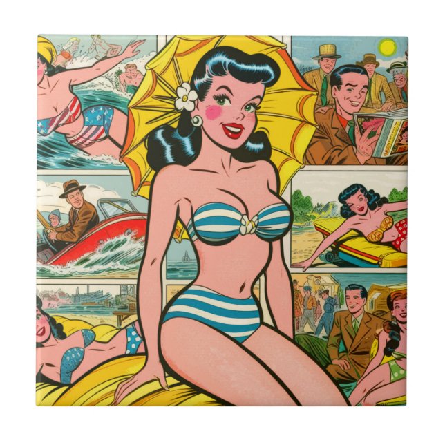 Retro Bikini Girl Summer Comics Tile (Front)