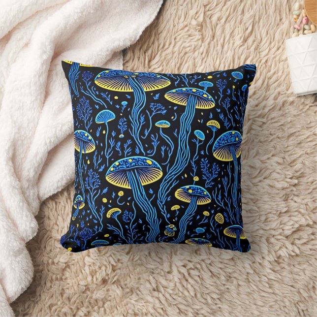 Retro Bioluminescent Mushroom Pattern Throw Pillow (Blanket)