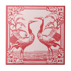 Retro Birds two Cranes Red Art Deco Art Nouveau Tile