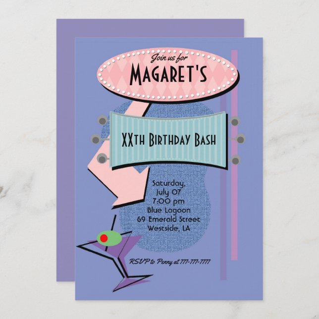 Retro Birthday Cocktail Party Invitation (Front/Back)
