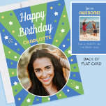 Retro Birthday Custom Name 2 Photo Blue Green Card<br><div class="desc">Say "Happy Birthday" with this retro style birthday card,  including a personalised name and two photographs. A fun design for family,  kids,  friends or pets! Colourful palette of blue,  green,  yellow and white.</div>