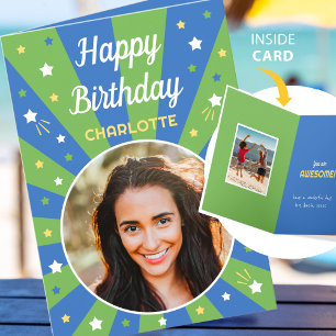 Retro Birthday Custom Name 2 Photo Blue Green Card