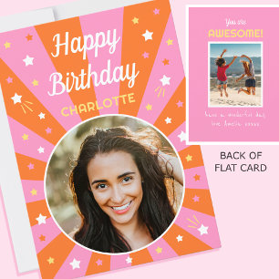 Retro Birthday Custom Name 2 Photo Pink Orange Card