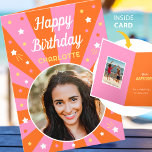 Retro Birthday Custom Name 2 Photo Pink Orange Card<br><div class="desc">Say "Happy Birthday" with this retro style birthday card,  including a personalised name and two photographs. A fun design for family,  kids,  friends or pets! Colourful palette of pink,  orange,  yellow and white.</div>