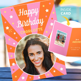 Retro Birthday Custom Name 2 Photo Pink Orange Card