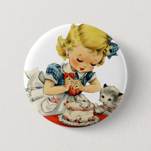 Retro Birthday Girl Cake Cat Artwork 6 Cm Round Badge