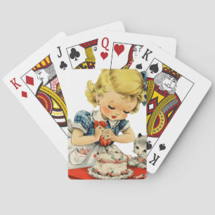 Retro Birthday Girl Cake Cat Artwork Playing Cards