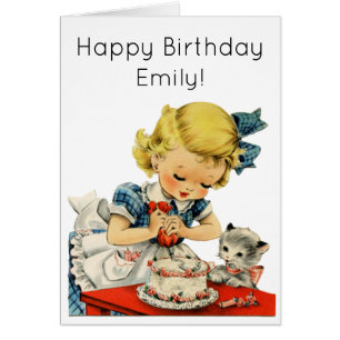 Retro Birthday Girl Cake Cat Children Artwork