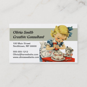 Retro Birthday Girl Cake Cat Children Artwork Business Card